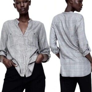 Zara Black & White Plaid Button Down with Roll Tab Sleeves Size Medium